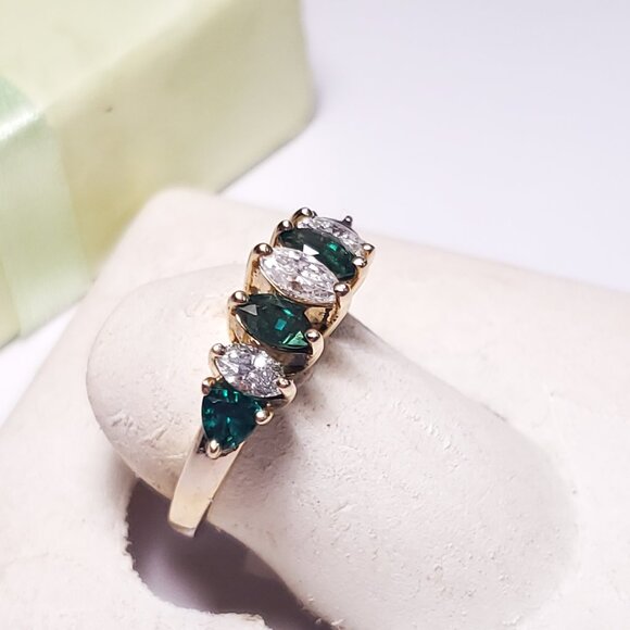 Estate 1.16ctw Natural Mq Dia &Lab Created Emerald 14Kt YG Anniversary Ring23118 - Picture 2 of 6